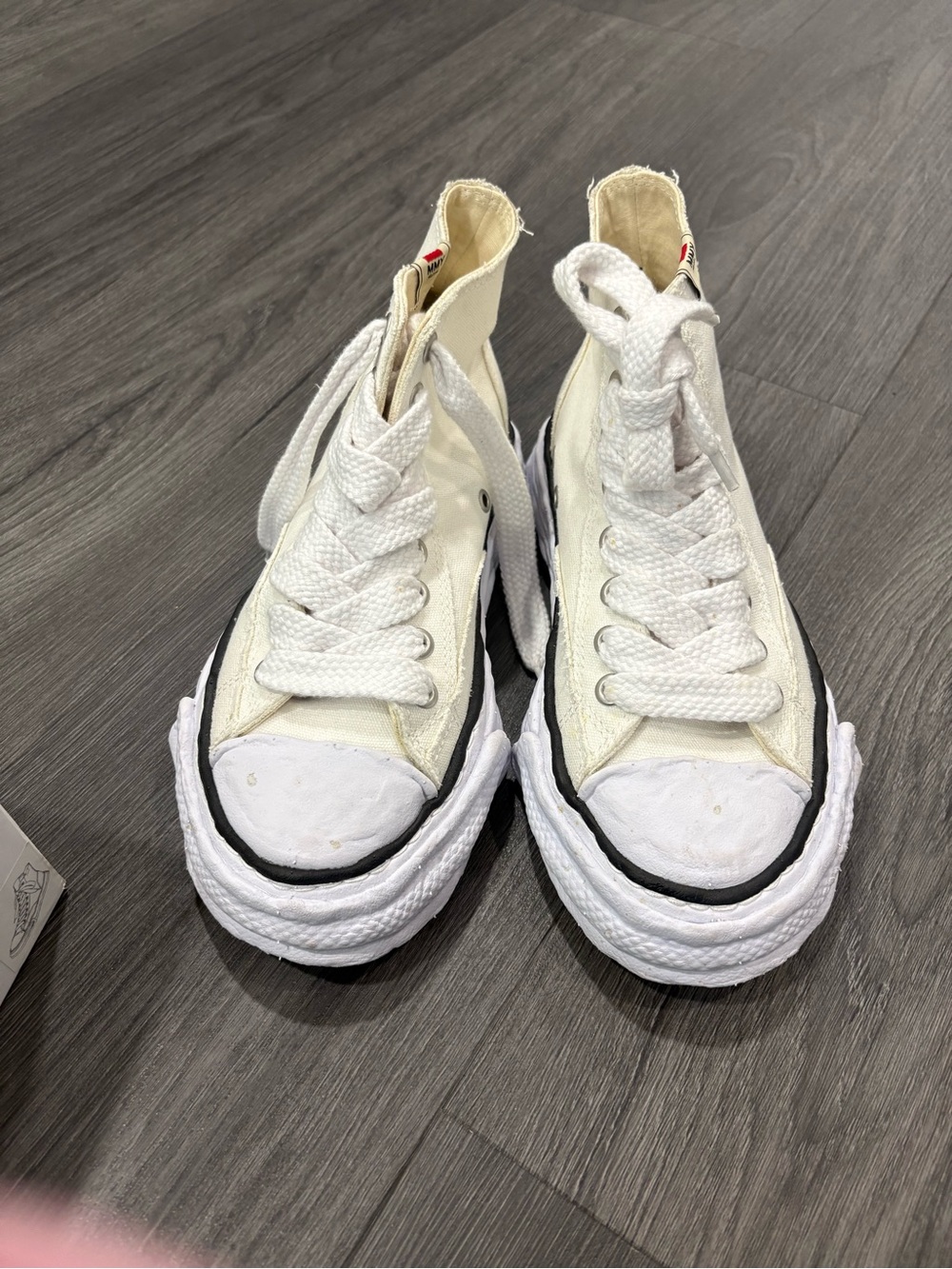 Miharayasuhiro White and Black Distressed High-Top Canvas Sneakers